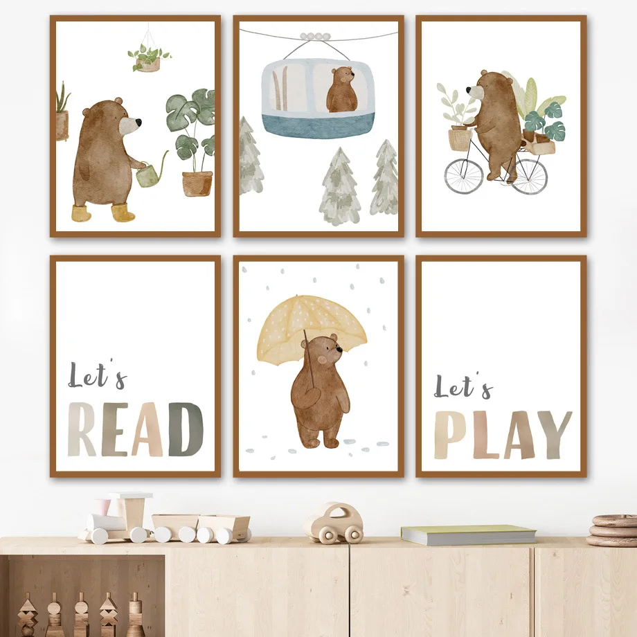 

Cartoon Cute Bear Submarine Boat Plants Boho Quote Wall Art Children's Prints Posters For Kids Room Baby Decor Canvas Painting