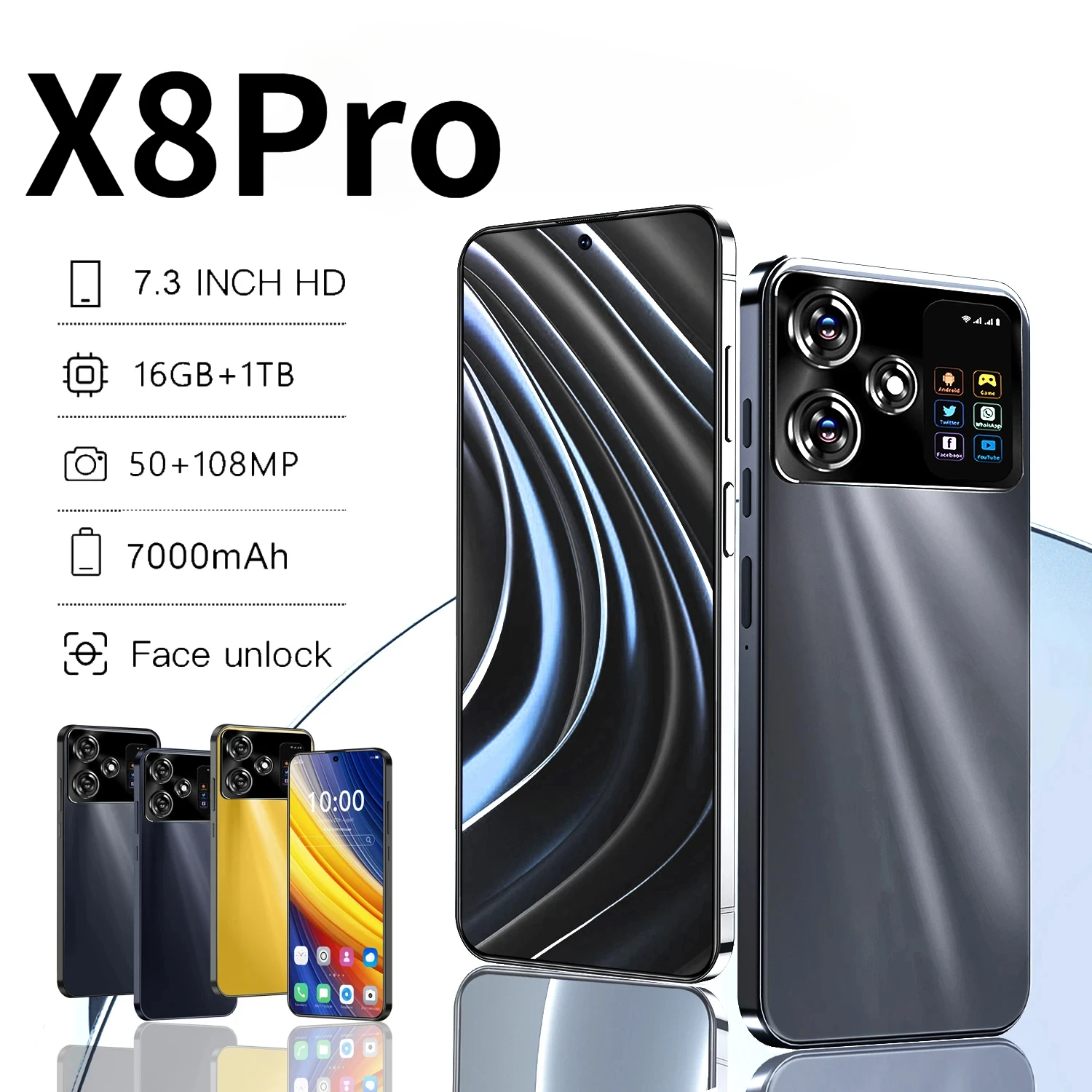 Original X8 Pro Smartphone Global Version 7.3 Inch 16GB+1TB Snapdragon 8 gen3 Android 14 50+108MP 4G/5G NFC Smartphone