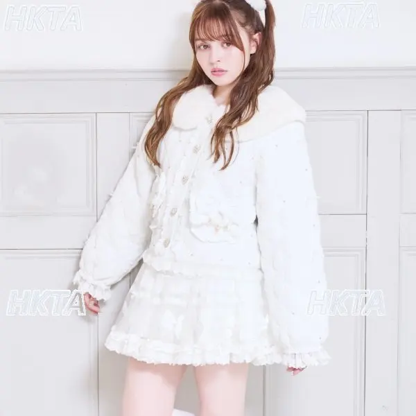 Japanese Sweet Lolita Girls Cotton Jacket Heavy Craft Chic Beaded Bow Lace Short Coats Fluffy Fur Collar Black Cotton Coat Top