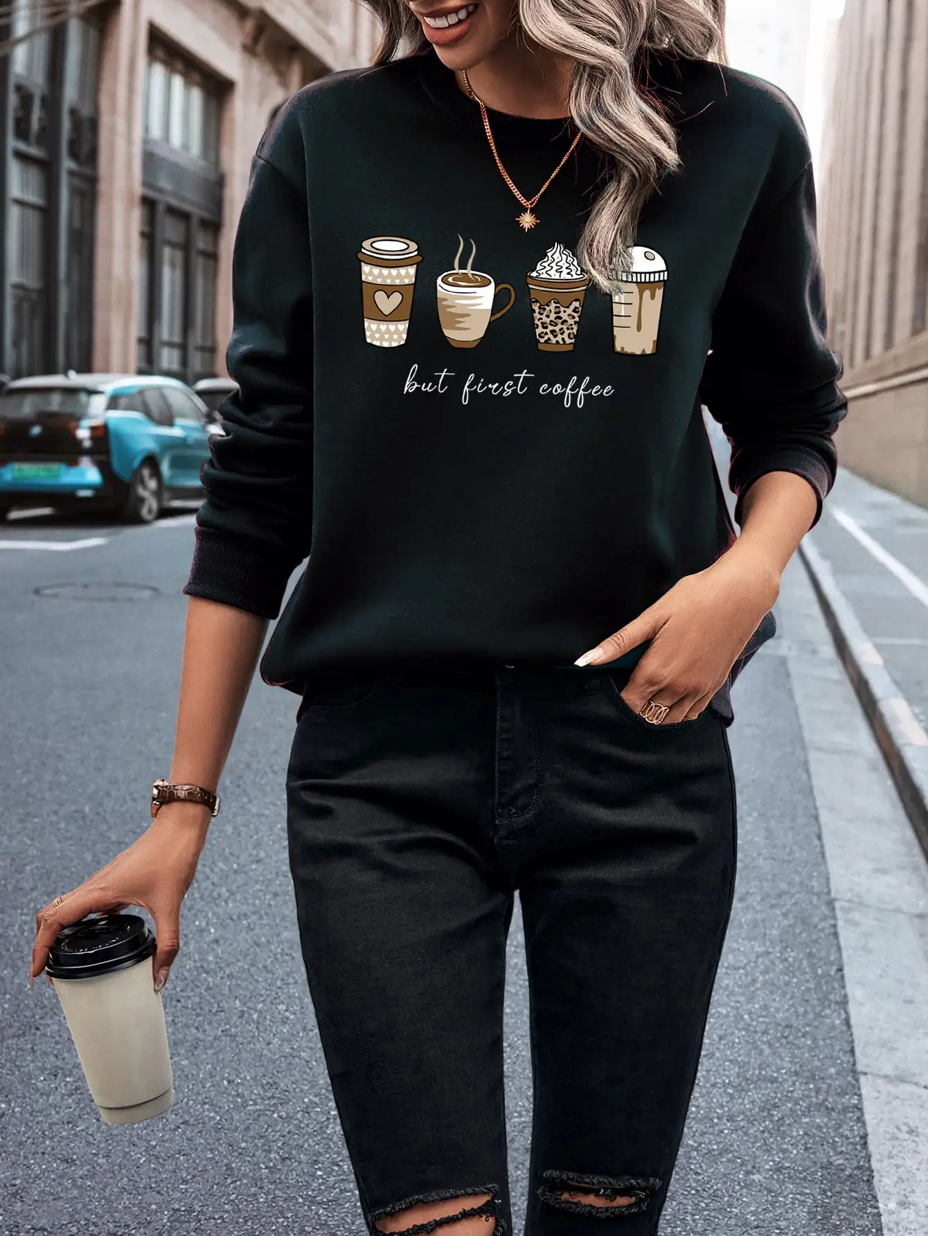 But First Coffee Cartoons Coffee Drinks Pattern Woman Hoodie Creative Fleece Tops Casual Street Female Sweatshirt New Sportswear