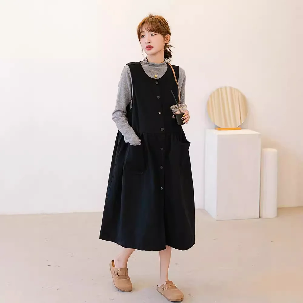 2026 New Autumn Winter Maternity Tank Dress Japanese Style Sleeveless Loose Long Maternity Dress Plus Size Pregnancy Dress
