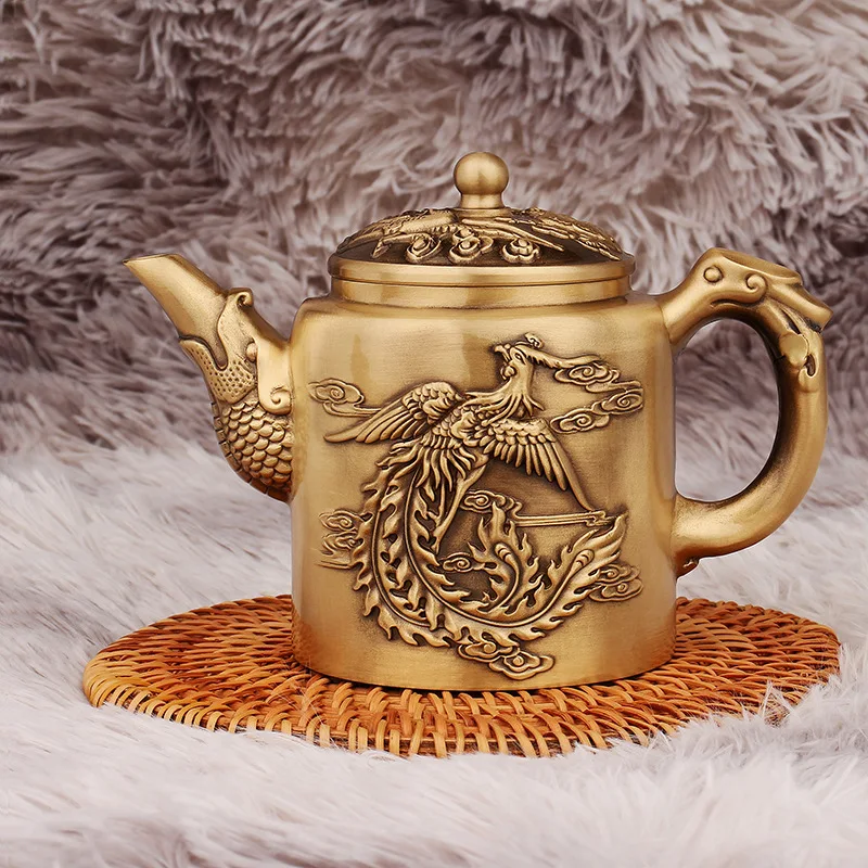 Brass Decoration Embossed High Dragon and Phoenix Teapot Office Home Decoration Metal Crafts Gift Factory Wholesale