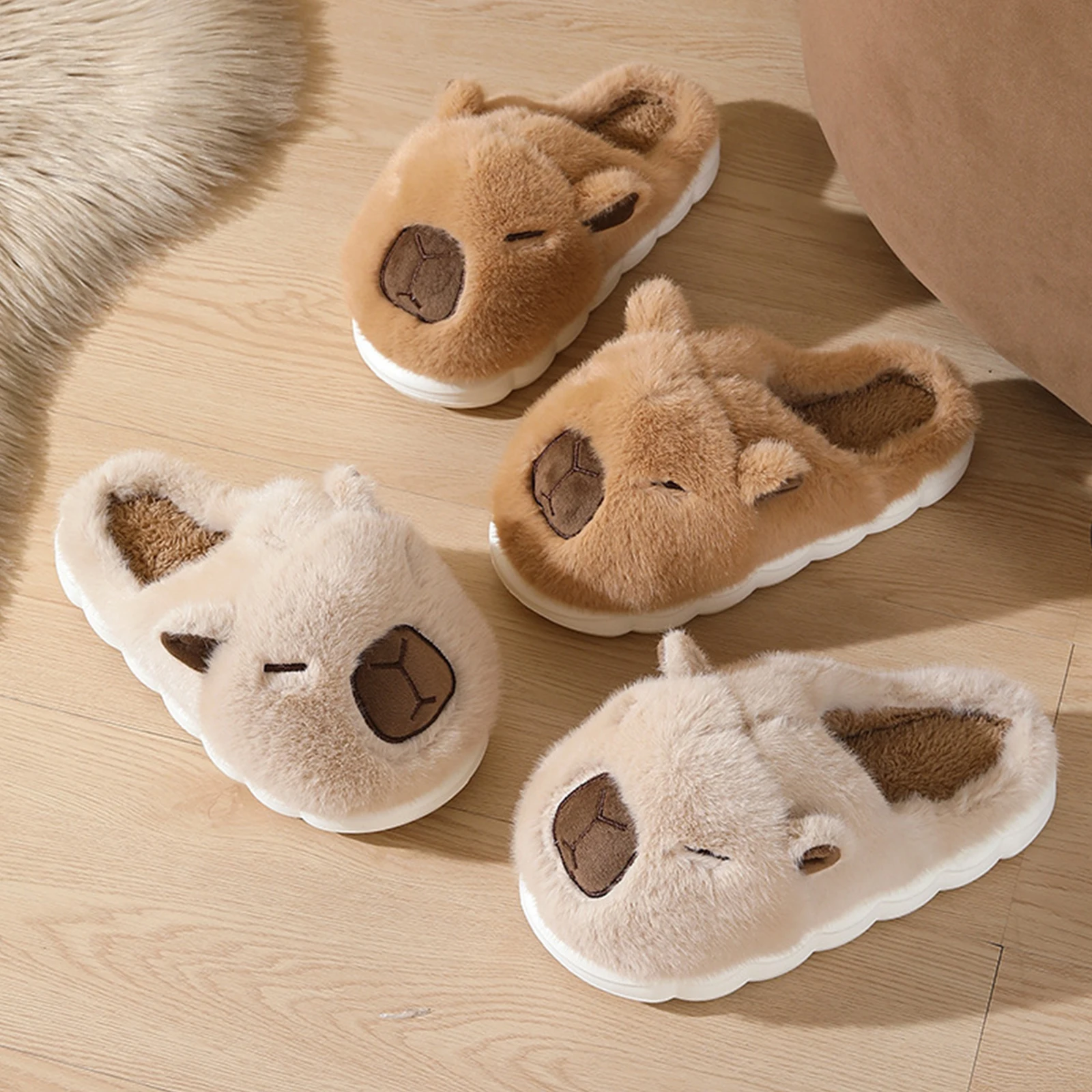 

Capybara Flat Thermal Slippers Anti Slip Comfortable Furry Slippers Half-Covered Fluffy Home Slippers for Men Women