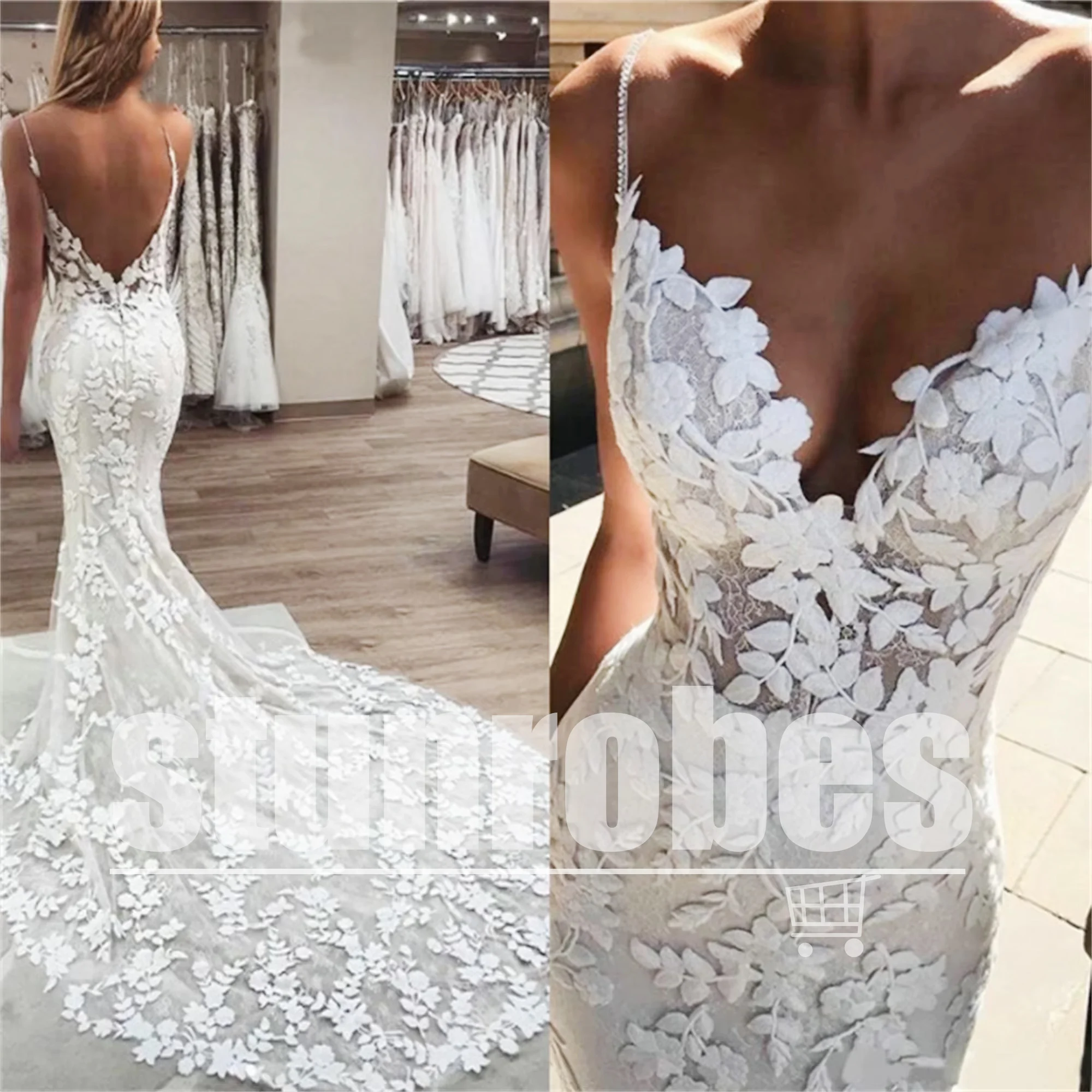 Boho Lace Appliques Wedding Dress Mermaid Bridal Dresses 2025 Spaghetti Straps Backless Beach Bridal Gowns Vestido Evening dress