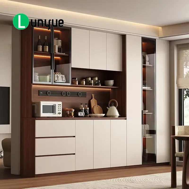 Custom Medieval Style Solid Wood Dining Side Cabinet Wall Mounted Floor to Ceiling Coffee Locker Walnut Oak Glass Home