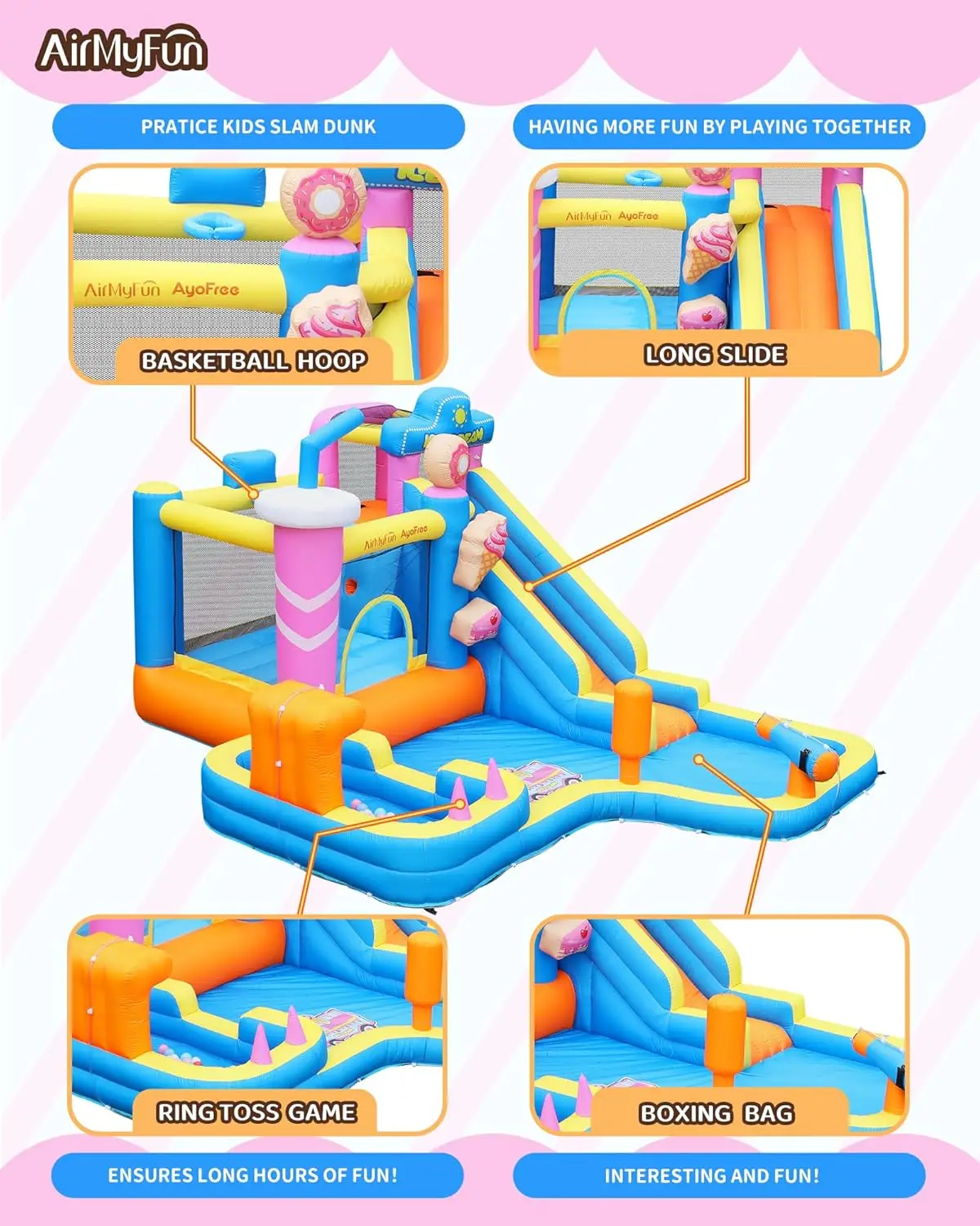 منزلق مائي قابل للنفخ من Bounce House، منزل ترتد للأطفال الكبار 8-12 موضوع الآيس كريم الحارس، مع مسدس ماء وحفرة كروية