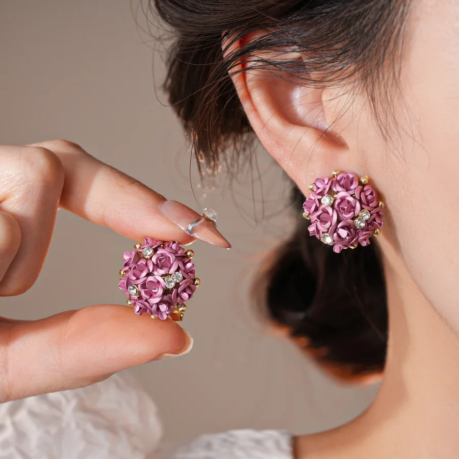 الحلو نمط ثلاثي الأبعاد العنقودية زهرة القرط للنساء رائعة حجر الراين وأقراط الزفاف حفل زفاف مجوهرات ث