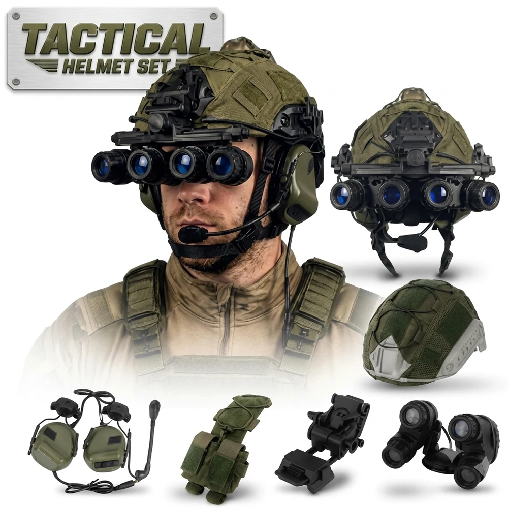 

PJ FAST Tactical Helmet with Headset Signal Light Counterweight Pouch Protective Helmet Kit for Wargames, CS, Hunting Cosplay