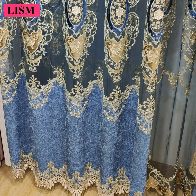 

European Luxury Blue Thickened Chenille Chinese Style Living Room Hollow Embroidered Window Custom Blackout Lace Yarn Valance
