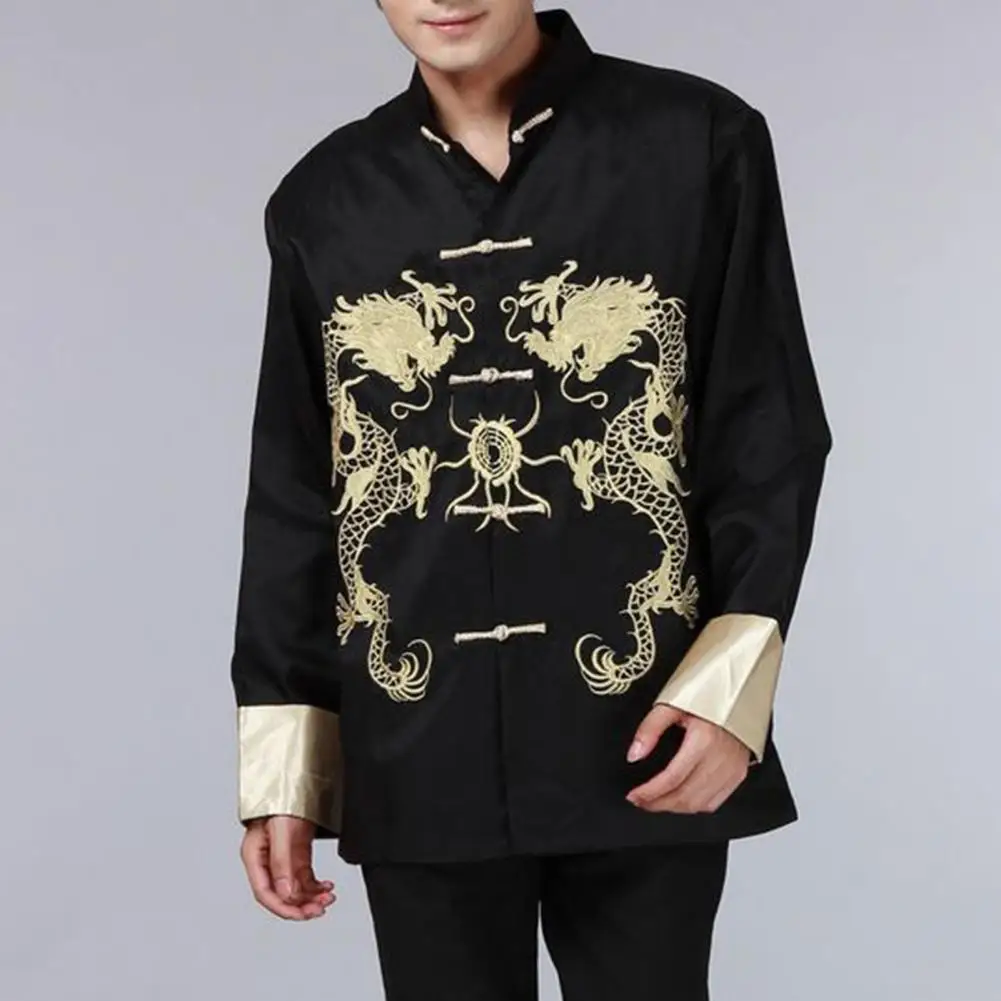 2025 Tang Suit Jacket Shirt Two Dragon Retro Chinese Style Long Sleeves Stand Collar Coat Traditional Chinese Shirt