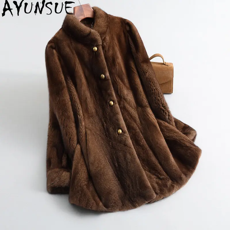 

Шуба AYUNSUE из натурального меха, женская, роскошная зимняя меховая куртка средней длины, верхняя одежда, меховые пальто со воротником-стойкой, женская одежда, новинка