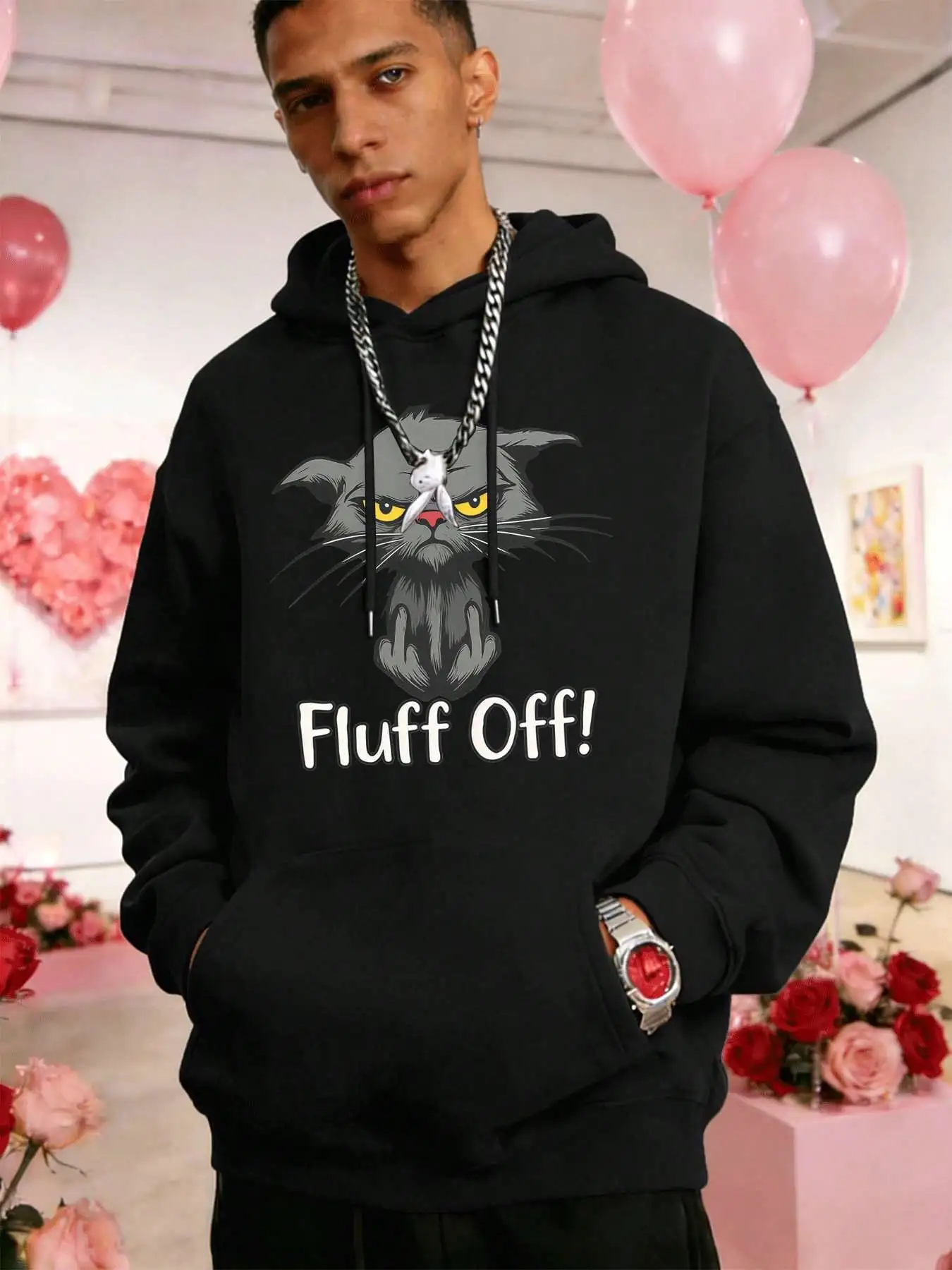 Men's Hoodie Angry Cat Graphic Print Crew Neck, Easy Fit, Street Hip-Hop, Comfort Fit, Art Print