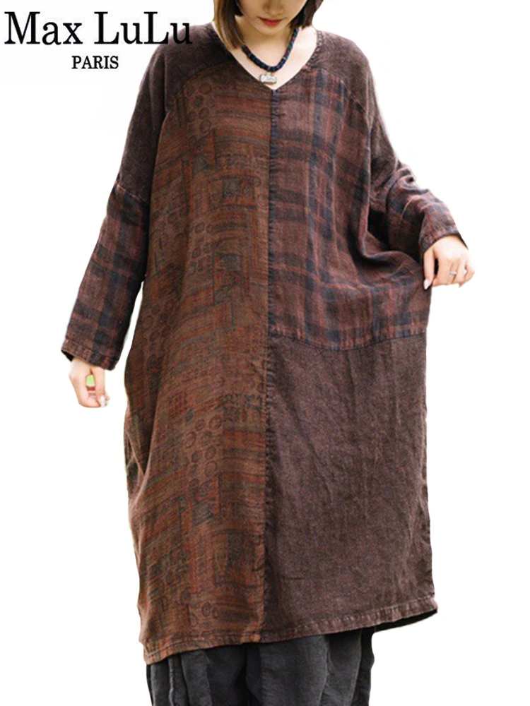 Max LuLu Womens Autumn Vintage Loose Elegant Plaid Long Dresses Casual British Oversized Vestidos Classic Fashion V Neck Clothes