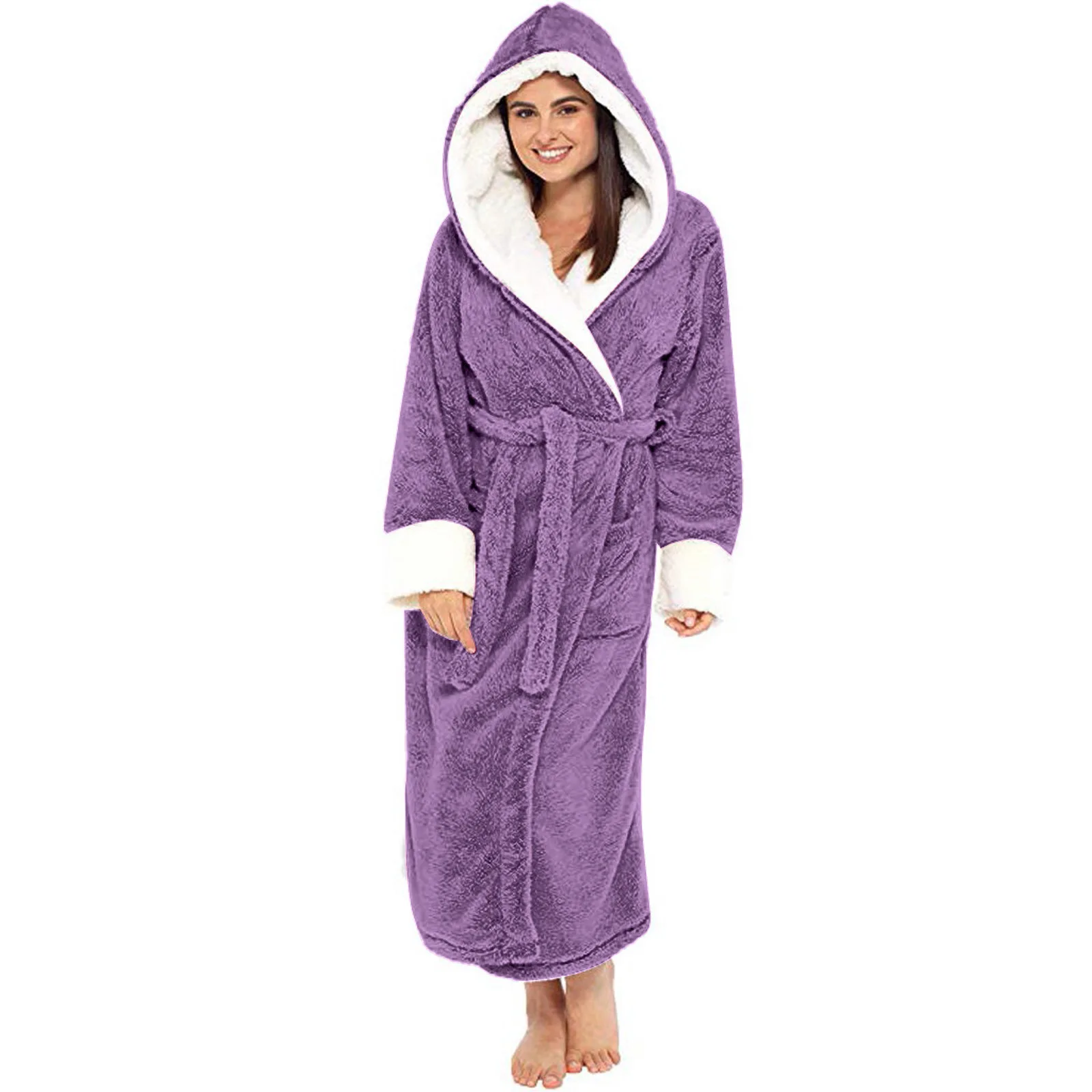 Women Hooded Bathrobe Adjustable Waistband Nightgown Mid Length Lady Homewear Bathrobe For Winter Thick Fleece Warm Lace Up