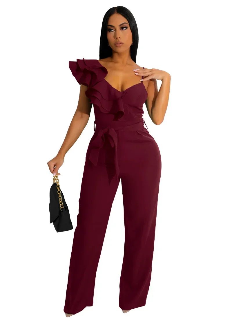 KEXU Vintage Women Butterfly Sleeve Zipper Back Sashes High Waist Straight Wide Leg Jumpsuit 2024 Solid Ruffles Party Overalls