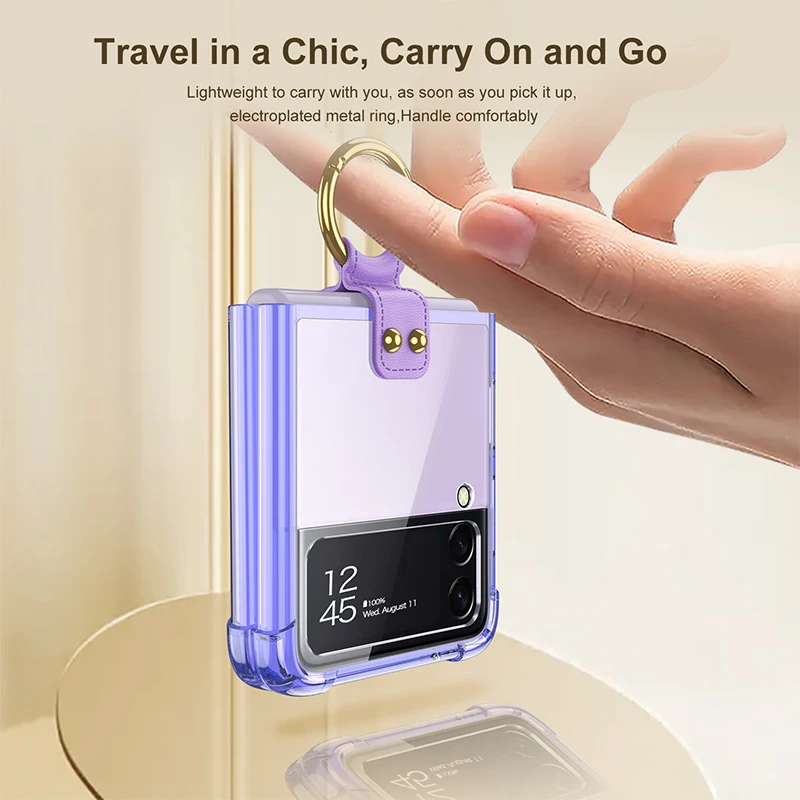 For Samsung Galaxy Z Flip 5 4 3 Case Ring Bracket Folding Anti-Fall Colored Transparent Four Corners Shockproof Back Hard Cover
