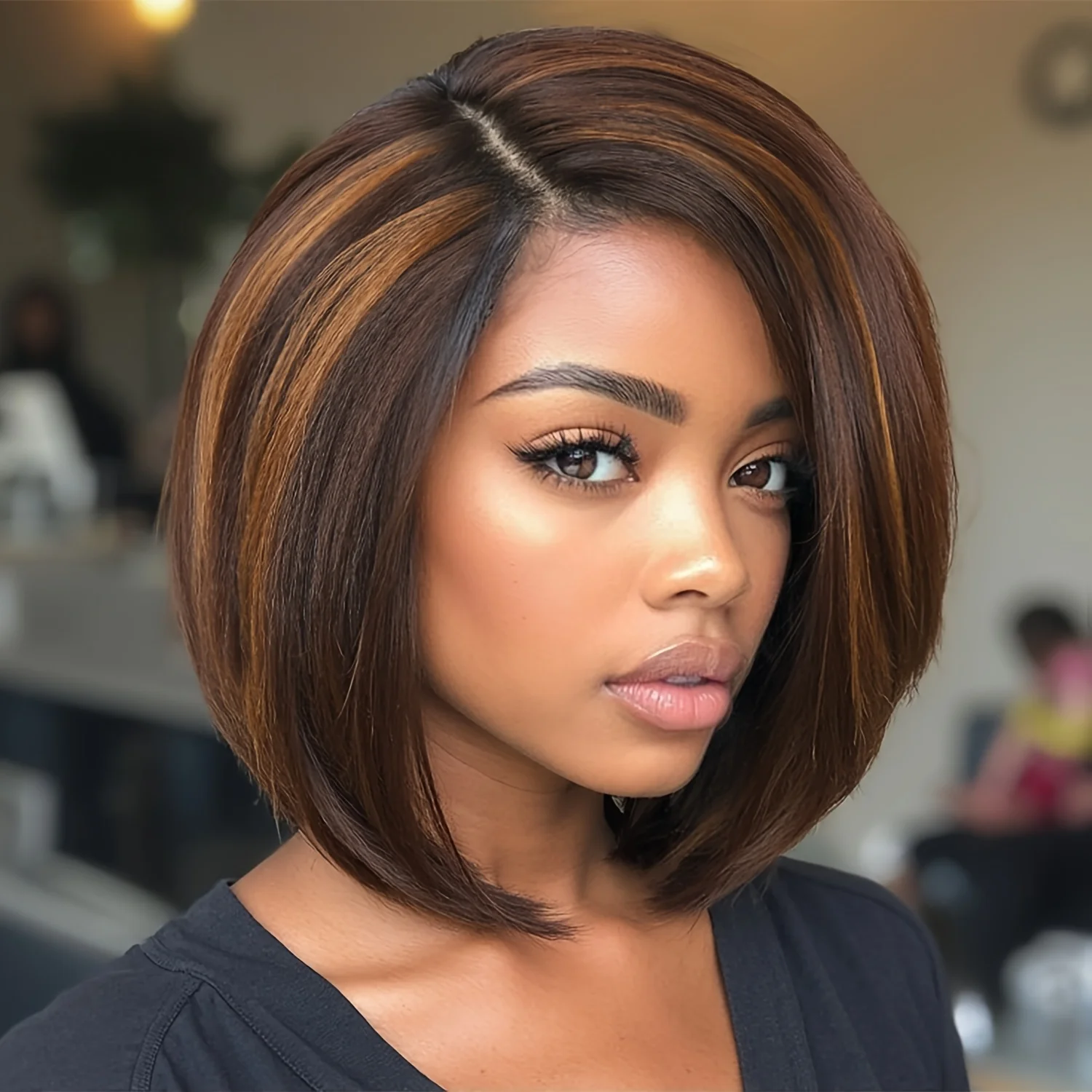 Short Wave Front Wigs, Side Part Wigs, Synthetic Hair, Women's Short Hair Wigs, Ombre Brown Straight Hair for Daily or Party Use