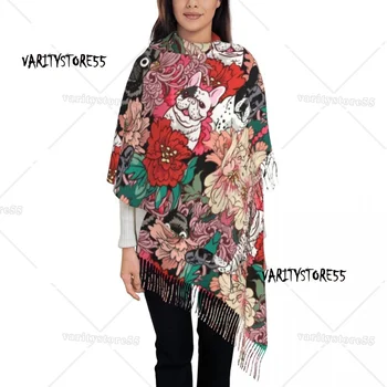 Lady büyük fransız Bulldog çiçekler atkılar kadınlar kış kalın sıcak püskül şal Wrap frendog köpek sevgilisi eşarp