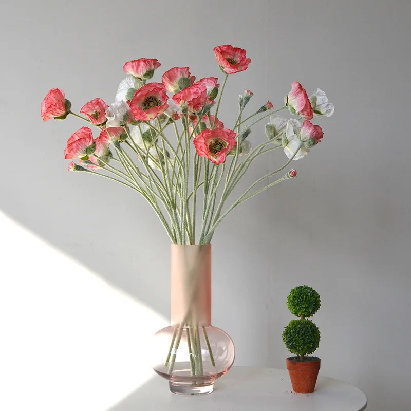 5Pcs Artificial Flower Flocked Poppy Marriage Decor Bridal Bouquet Wedding Flower Arrangement Party Table Accessories Poppies
