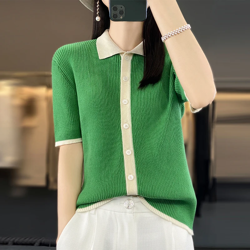 100% Cotton T-shirt Women\'s Polo Collar Color Block Cardigan Short Sleeve 2023 Summer New Knitted Sweater Loose Fashion Top