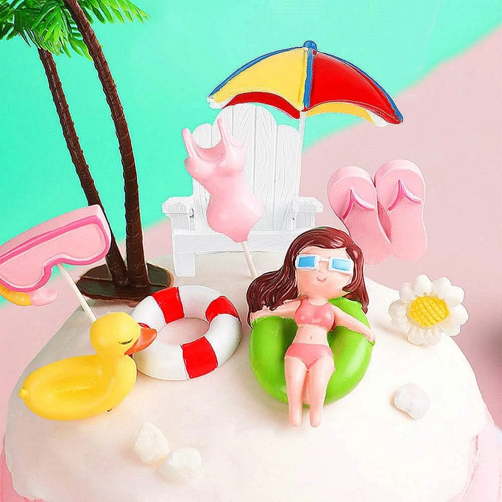 Summer Beach Party Cake Decorations Blue Cake Toppers Hawaii Beach Birthday Party Swimming Pool Party Decoration Supplies