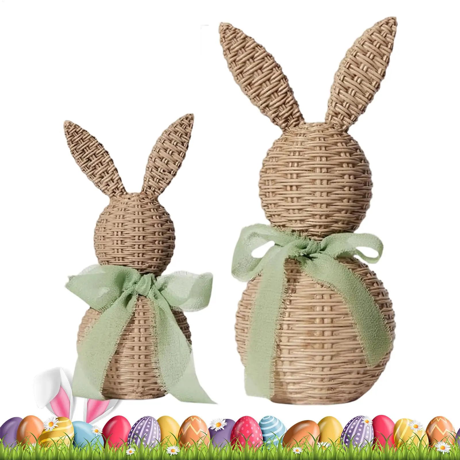 Bunny Figurines 2 Pieces Resin Woven Spring Decor Easter Bunny Decor Animal Figurines for Home Living Room Bedroom Kitchen