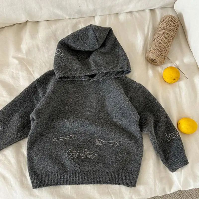 

2024 Winter New Children Long Sleeve Hooded Sweater Baby Girls Thick Warm Knitted Pullover Boys Embroidery Knitwear Kids Clothes