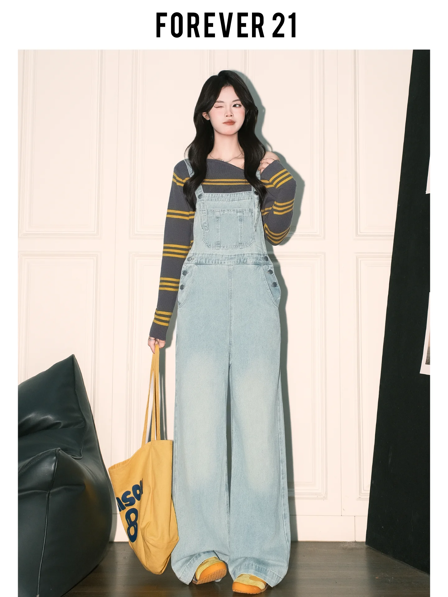 Forever 2 American Sle salopette en jean à jambes larges pour femme Anti-âge polyvalent ample coupe droite jean bleu