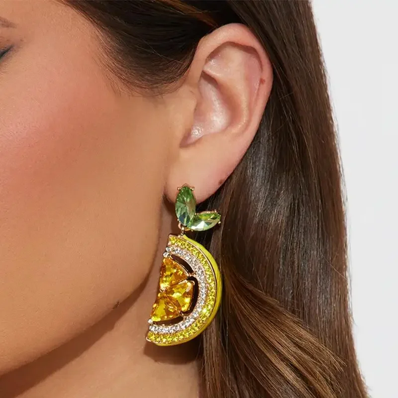 Summer Full Rhinestone Lemon Drop Dangle Earrings Fruit Pendant Stud Earrings Vacation Beach Party Jewelry Gift