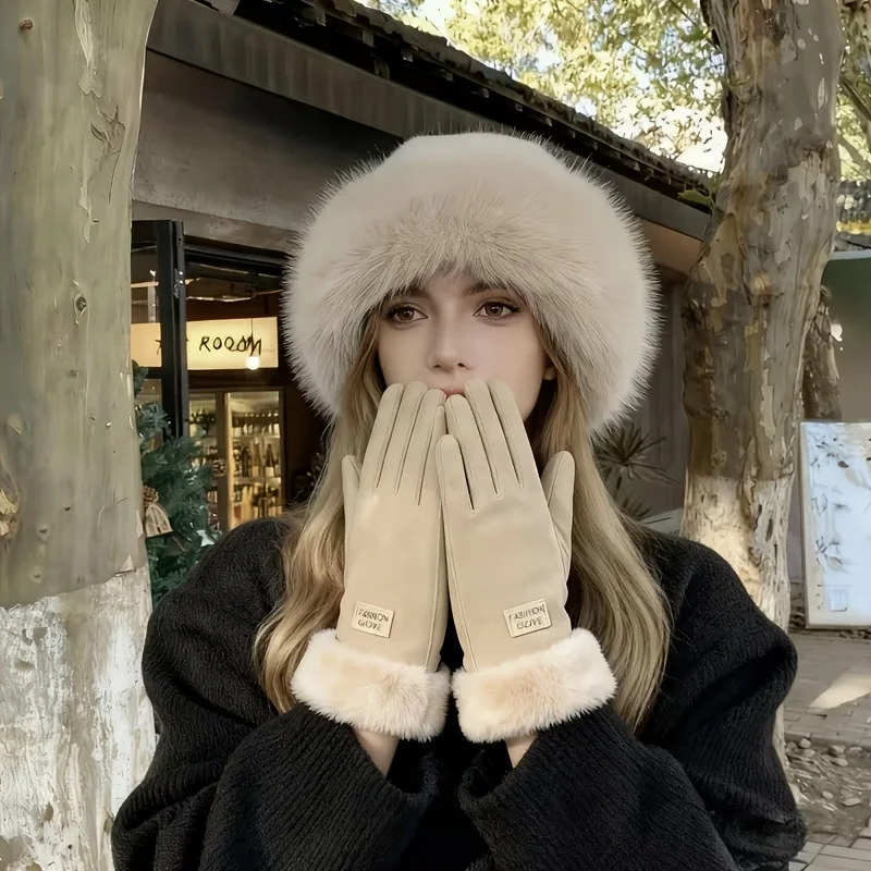 2-piece Combination Women's Autumn and Winter Warm Gloves and Hat Set, Thickened Warm Plush Fisherman Hat