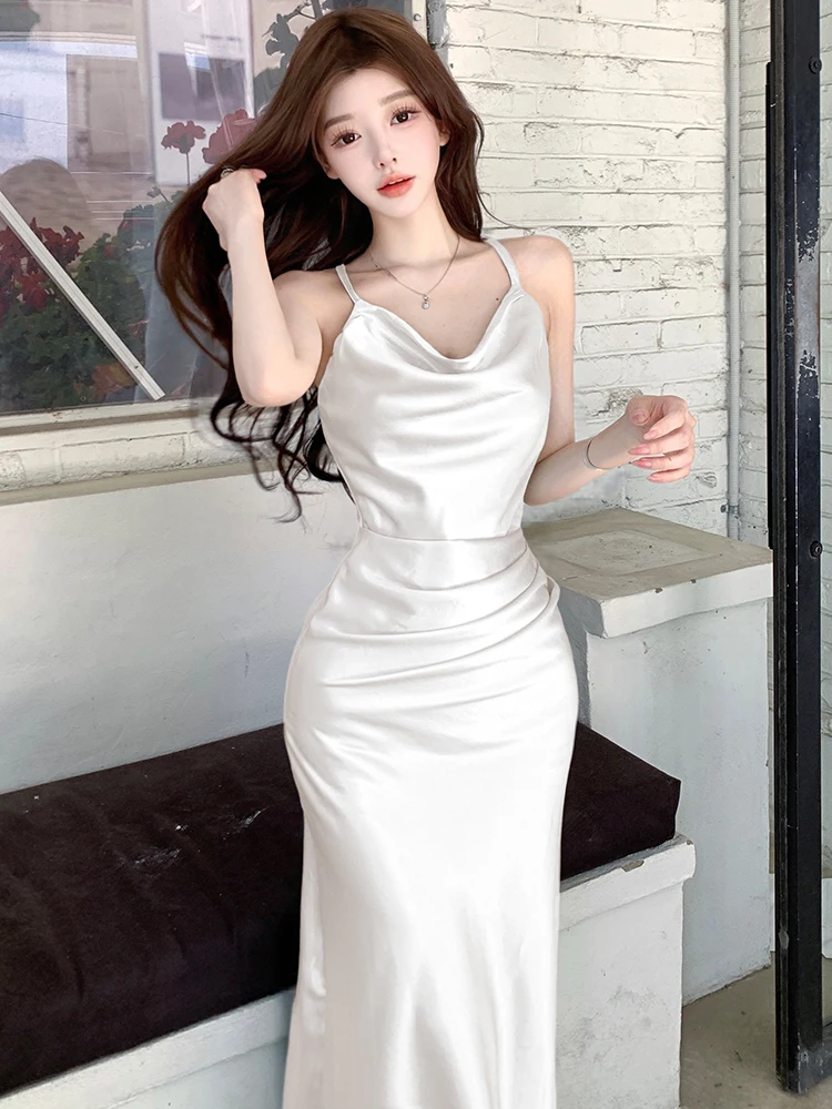 2025 ブルーサテン バックレス セクシー スリングドレス 春秋 エレガント ラグジュアリー イブニングドレス ガウン レディース 韓国ファッション ボディコン ワンピース