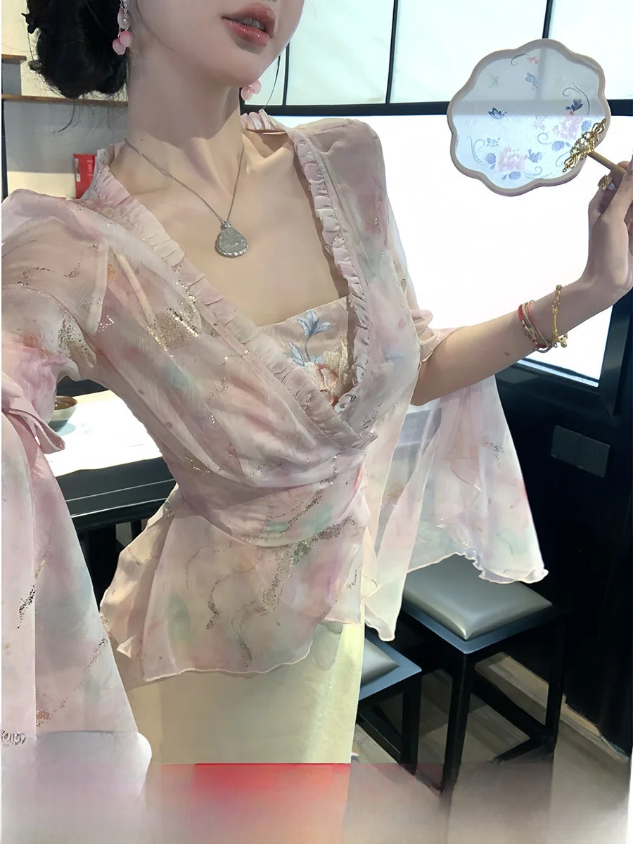 

Sy Summer Long Sve Slim Fit Bell Sve Printed Chiffon Sunscreen Open Cardigan French Sle V-ne ort Length