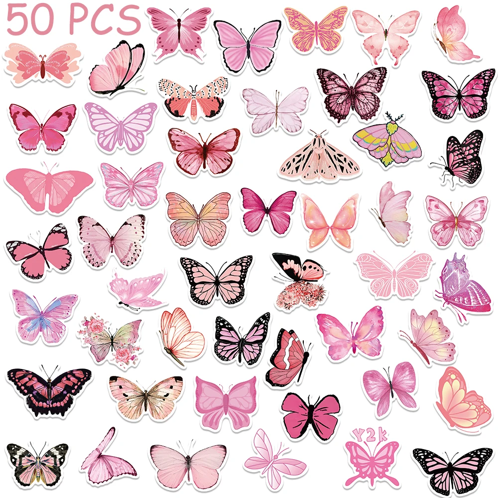 Pegatinas de mariposa rosa para niños, calcomanías impermeables para teléfono, portátil, monopatín, Maleta, guitarra, regalos, 50 piezas