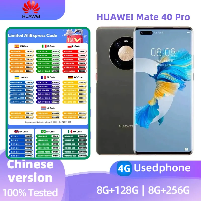 HUAWEI Mate 40 Pro 4G Mobile Phone 6.76 Inch 90Hz Curved Screen Kirin 9000 Octa Core 5nm Craft 50MP Ultra Vision Used Phone