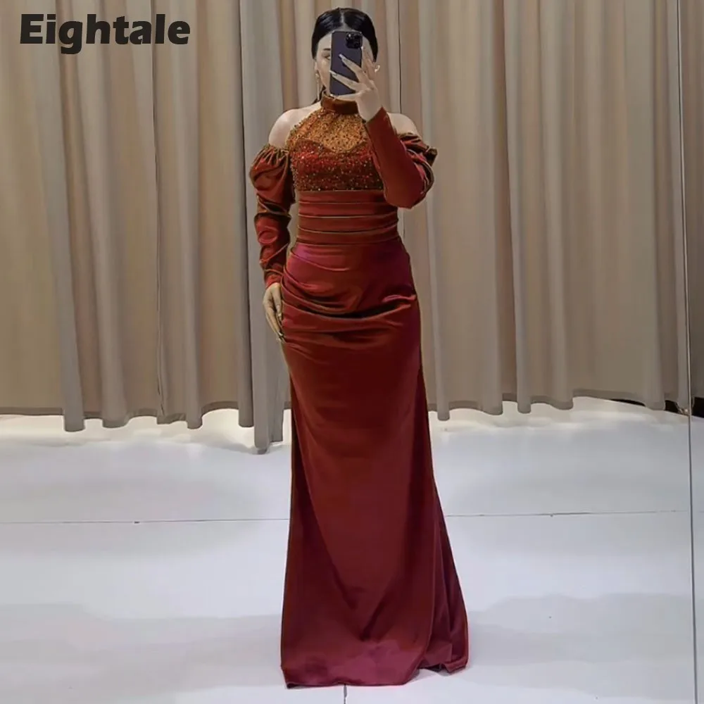 

Eightale Formal Evening Dress High Neck Arabic Formal Custom Made Color Satin Sequined Long Sleeves Mermaid Prom Party Gowns