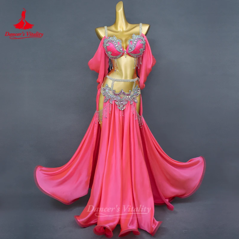 BellyDance Costumes Suit Women\'s Customized Diamond Tassels Bra+Satin Split Long Skirt 2pcs Oriental Dance Performance Costumes