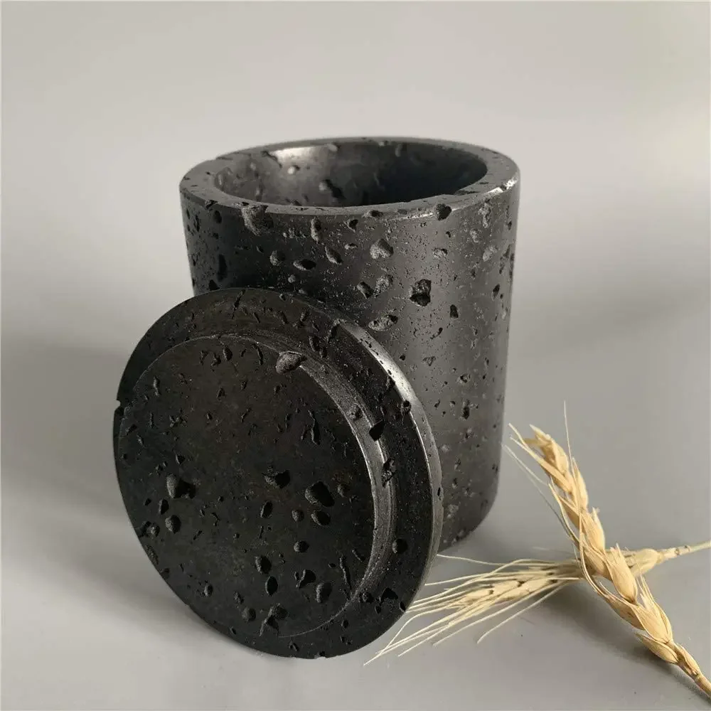 Natural Black Travertine Volcanic Rock Cosmetics Cotton Swab Holder, Tea Storage Jar, Ring Storage Box with Lid