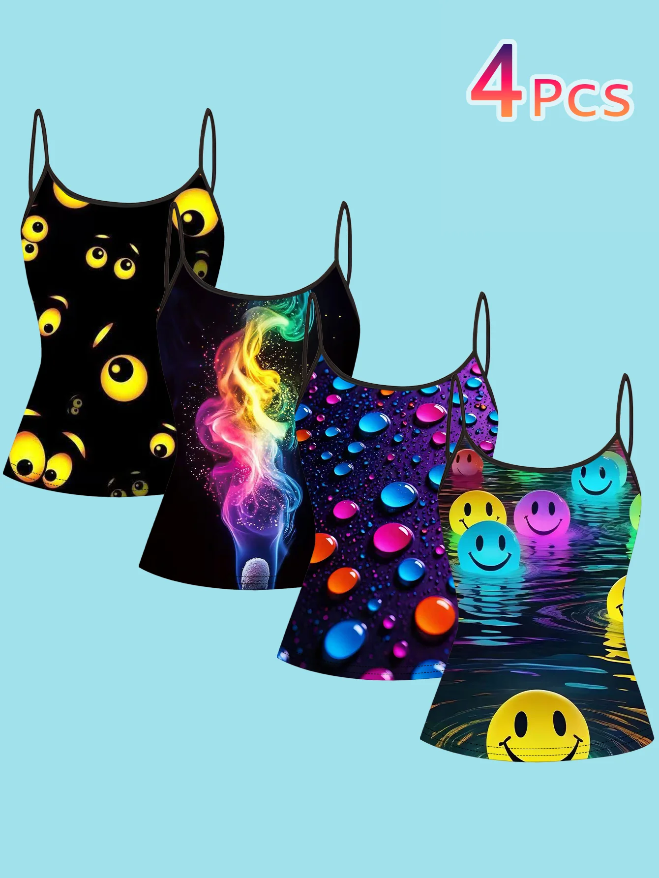 4-Piece Set of Women's Spaghetti Strap Camisoles with Black Base, Cartoon Eyes, Rainbow Smoke, Water Droplets, Smiley Face, Creative Trendy Prints, Slim Fit Sleeveless Tops