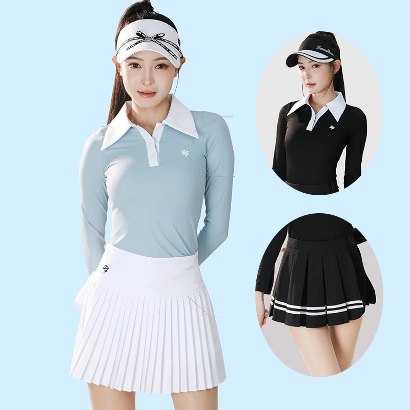 

SG Golf Женская одежда Весна Осень Рубашка с длинными рукавами и большими лацканами Спортивные топы с разрезом Плиссированная юбка с высокой талией Женские шорты для гольфа