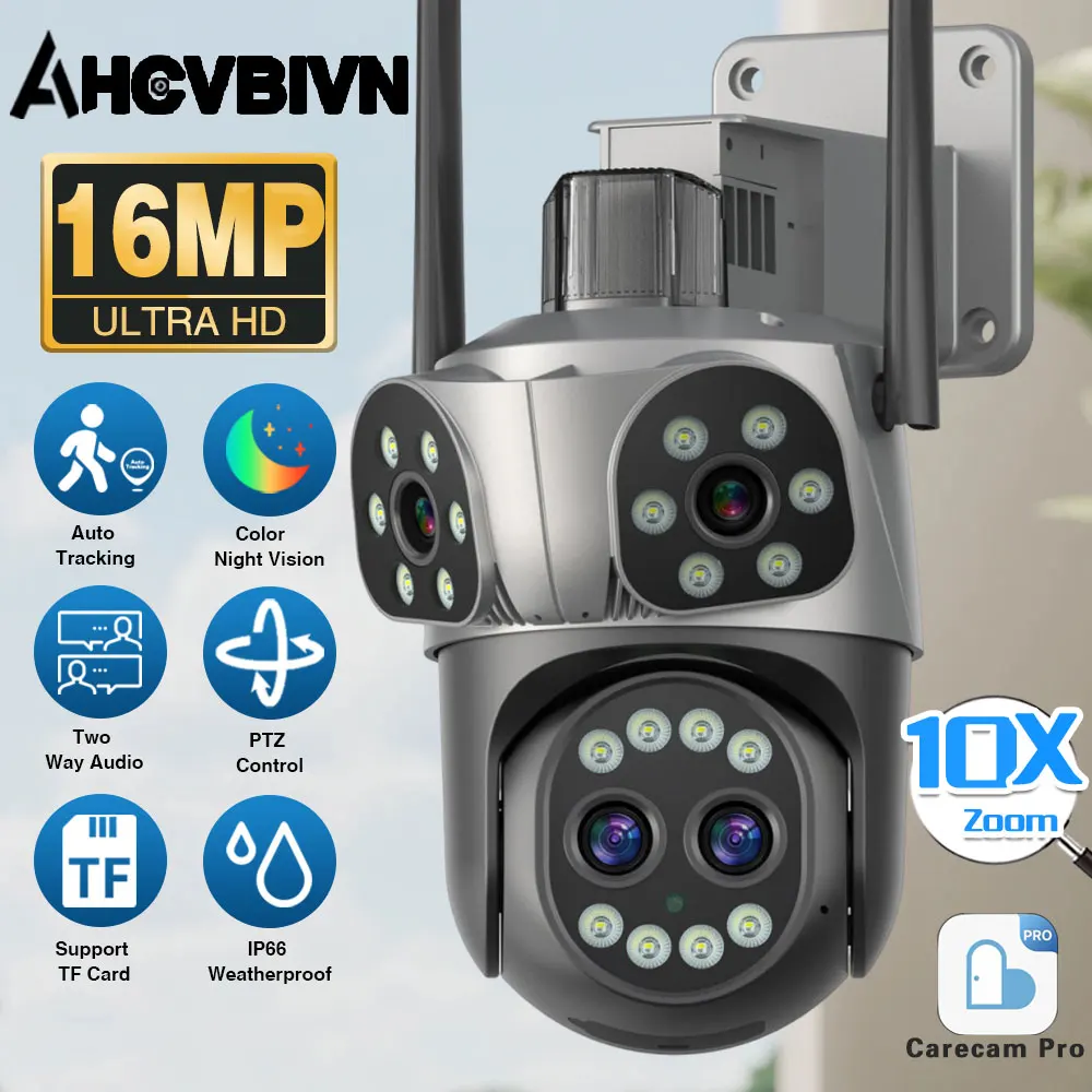 

10-кратный оптический зум, 16 МП, HD, уличная беспроводная PTZ IP-камера с четырьмя объективами и тремя экранами, умная Wi-Fi камера видеонаблюдения для дома