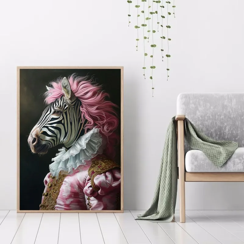 Pink Renaissance Animal Portrait Poster Tiger Gorilla Rococo Horse Giraffe Rabbit Zebra Panda Canvas Painting Wall Home Decor