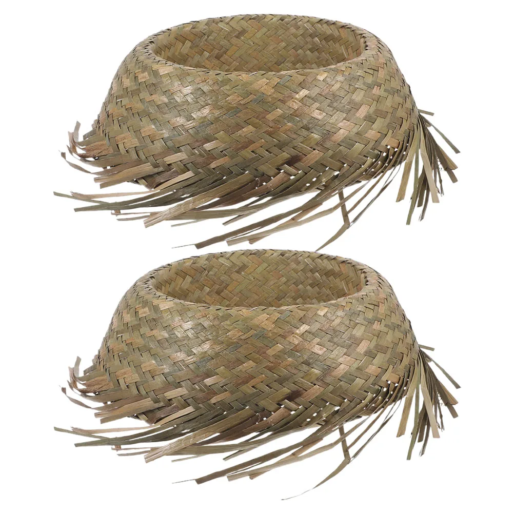

2 Pcs Hawaiian Style Straw Hat Beach Party Sunflower Leaf Funny Seaside Prop Costume