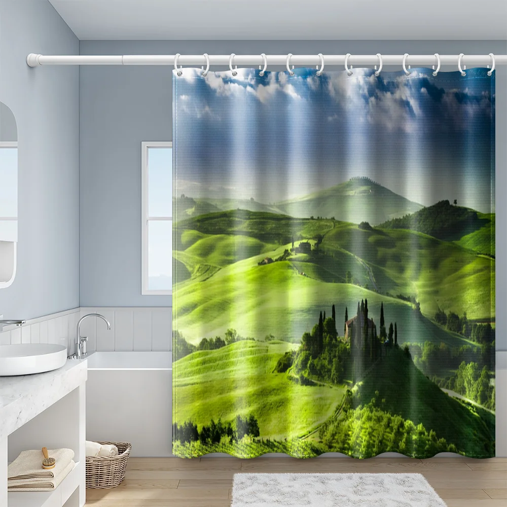 Mountain Scenery Shower Curtains Grassland Lotus Bathroom Curtain Frabic Waterproof Polyester Bath Curtain with Hooks