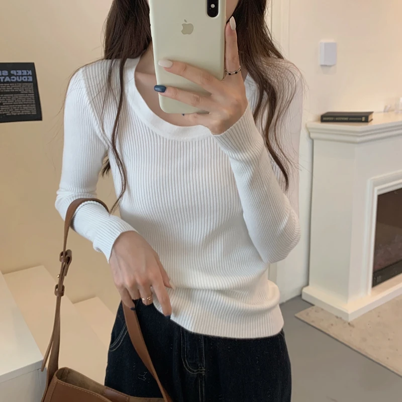 

Вязаный свитер, женские пуловеры, новый белый вязаный свитер с длинным рукавом и круглым вырезом, пуловер, женские топы, трикотажные изделия Sueters De Mujer Q1542