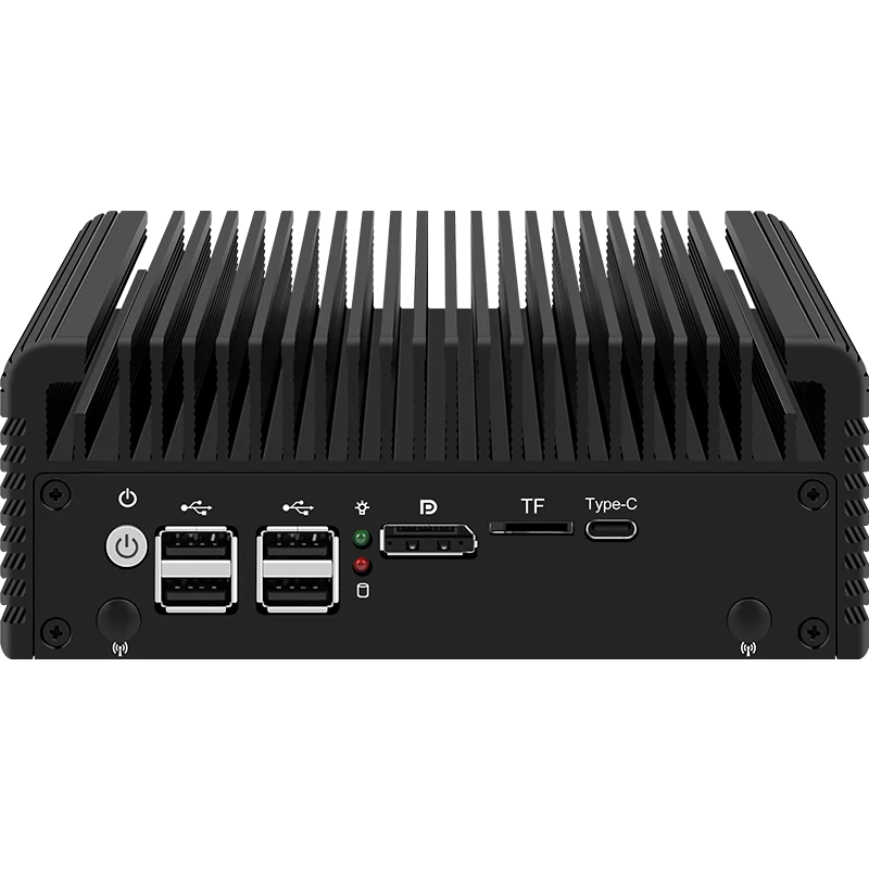 Mrroute 5 lans mini pc n100 ddr5 16g ssd 256g lüfter loser mini computer, 4 ethernet lans dp & hdmi dual displays win11