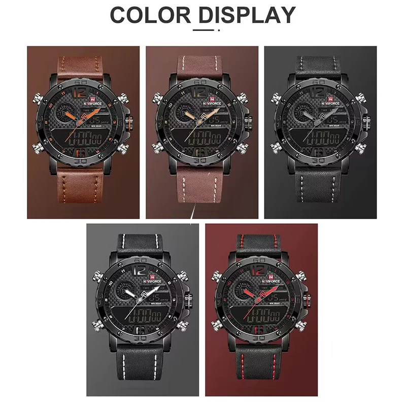 NAVIFORCE To Luxury Brand Mens Quartz Watches Leather Sports Watches Men\'s LED Digital Clock Waterproof Military Wrist Watch