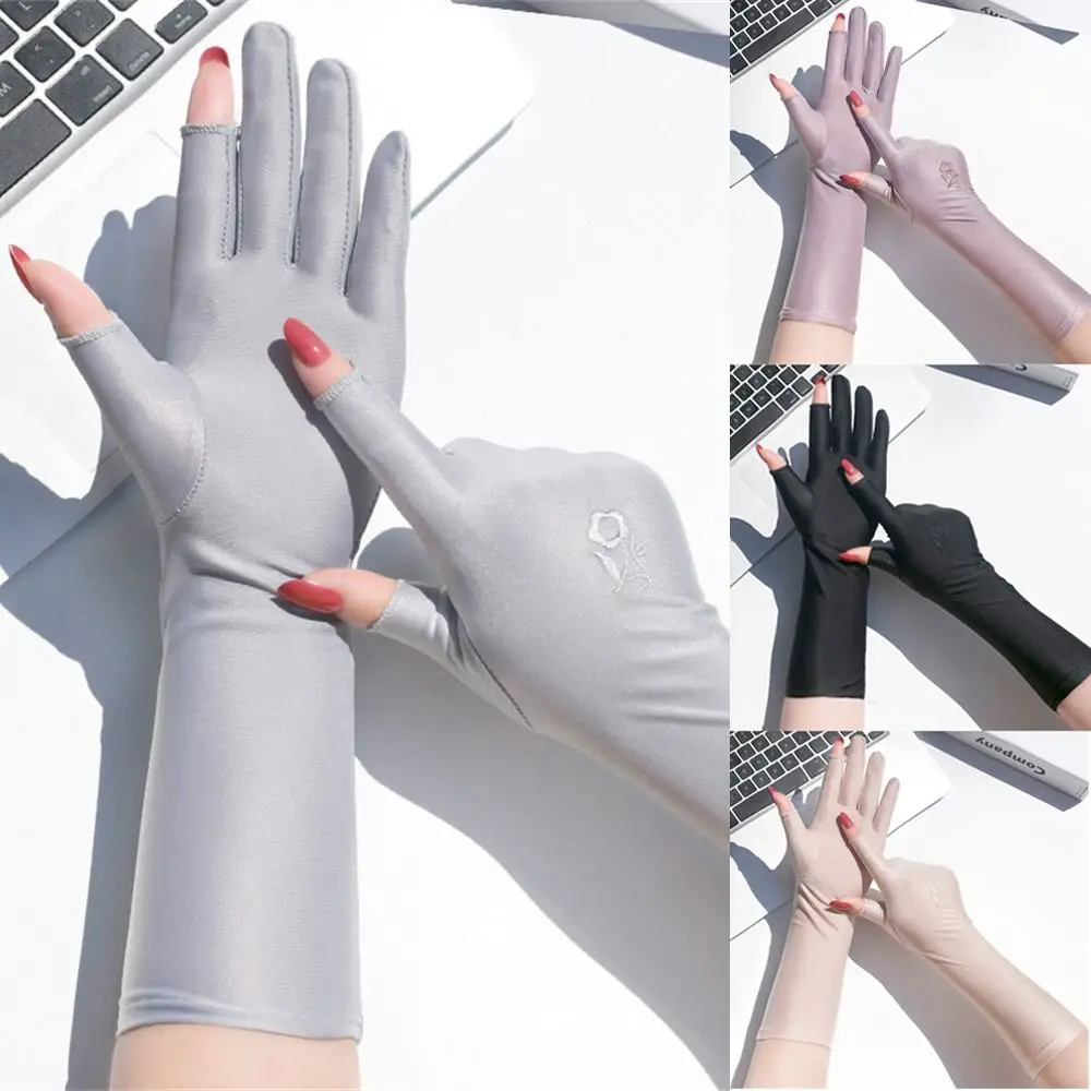 Women Girls Mid-long Sunscreen Gloves Summer Spring Thin Elastic Anti UV Driving Gloves Slip Resistant Etiquette Gloves