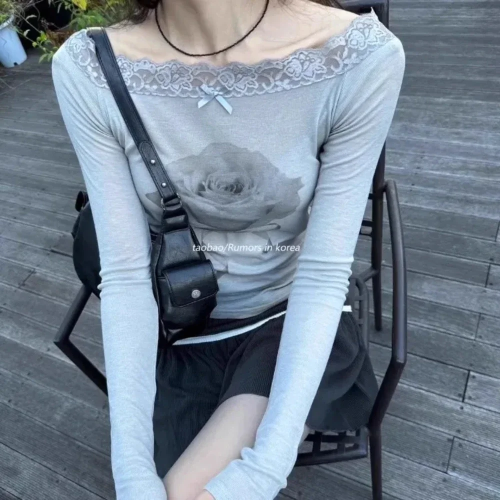

Arazooyi Lace Patchwork Flower Print T-shirt For Women Autumn New Slim Fit Gray Tops Mujer Y2k Grunge Long Sleeved Tee Shirt