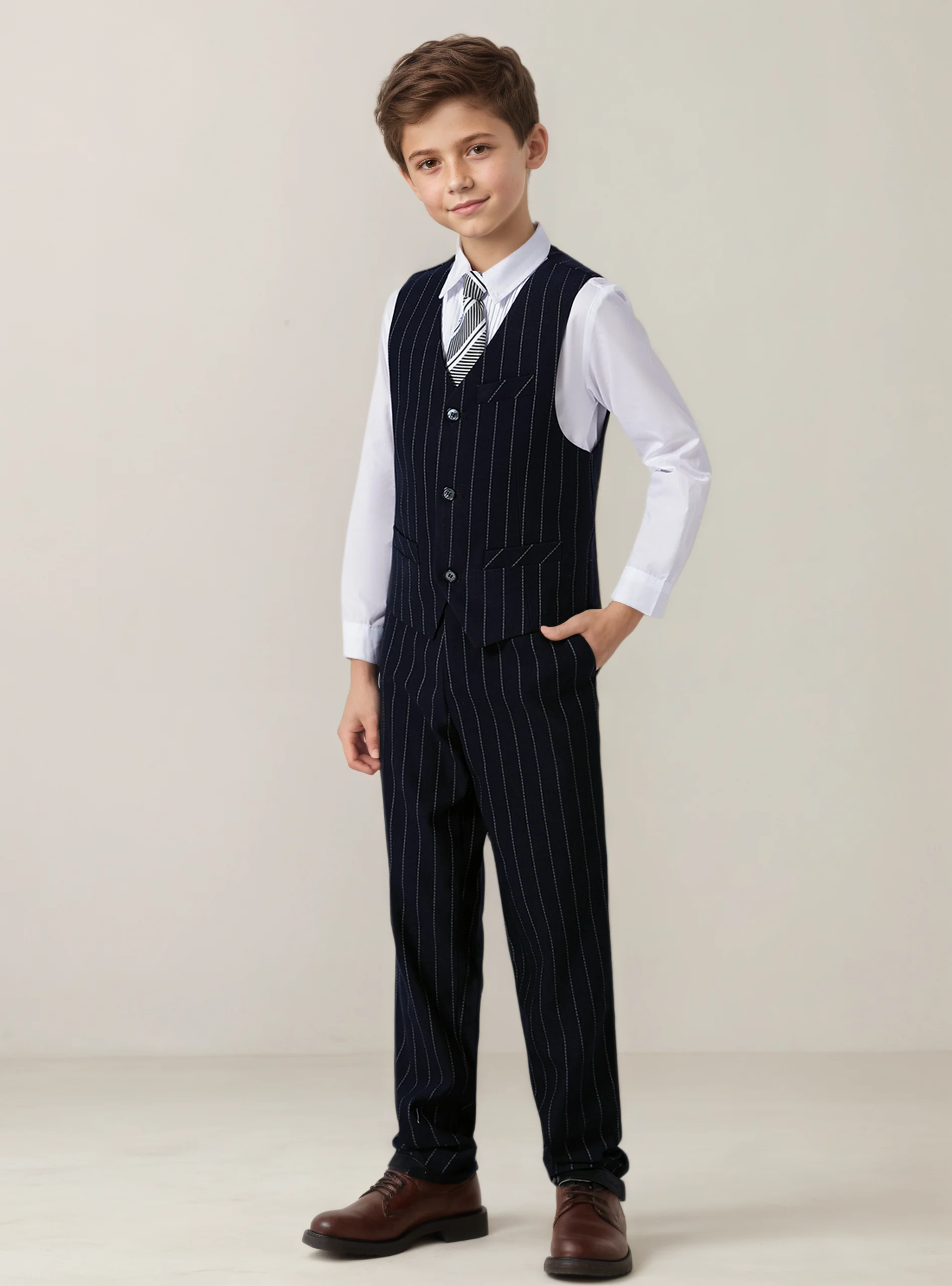 Boy's 2 Piece Pinstripe Vest Pants Set Wrinkle Free Polyester Rayon Formal Wedding Size 5-14Y