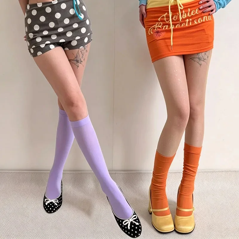 Women’s summer thin, colorful over-the-knee socks; cute, vibrant dopamine‑inspired velvet calf-length socks; Korean‑style trendy solid‑color, simple and sweet JK‑style layering socks; back‑to‑school season party and dance socks.